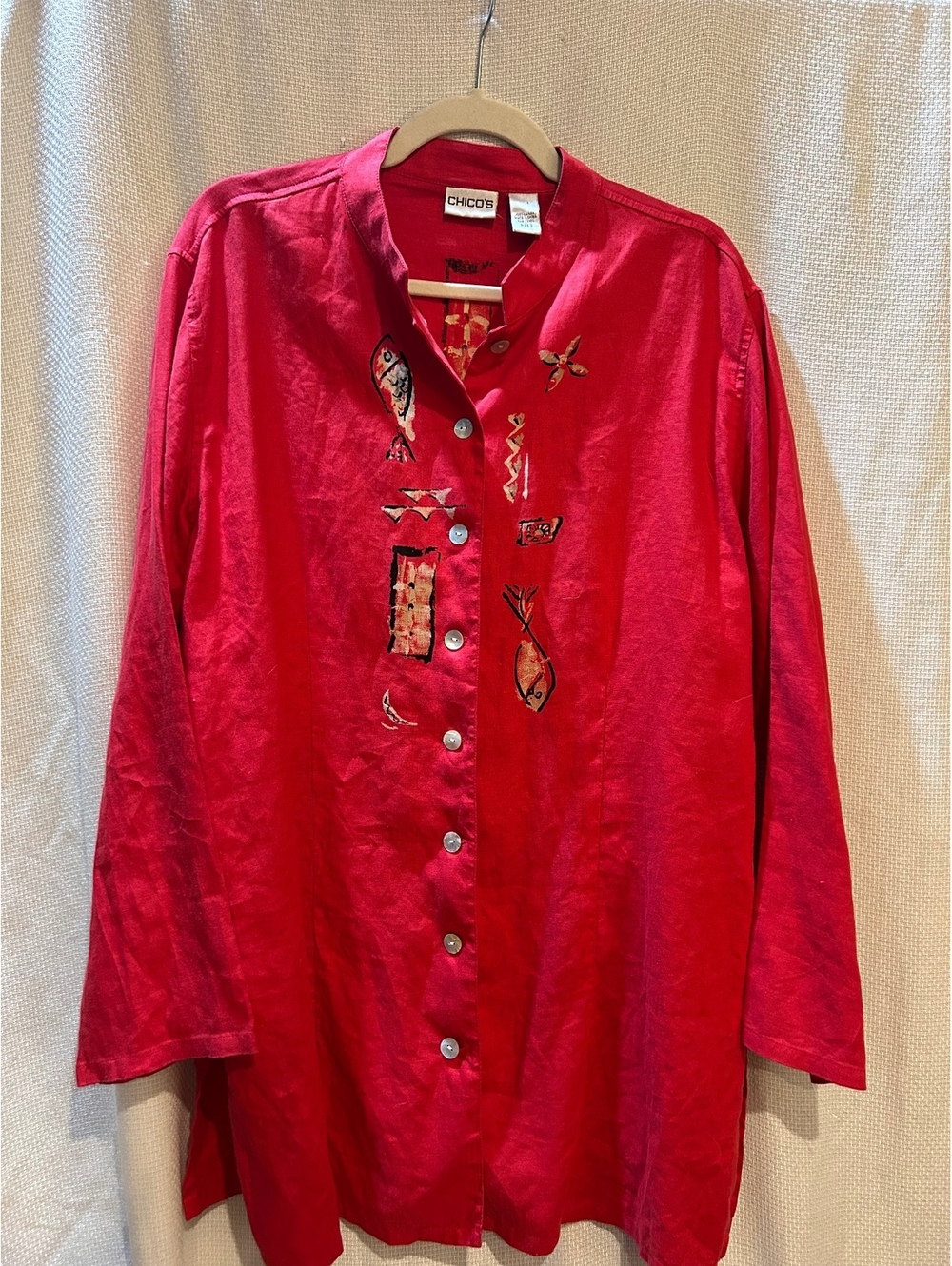 Chico's Women's Size 3 Red Linen Button-Up Shirt with Fish Embroidery